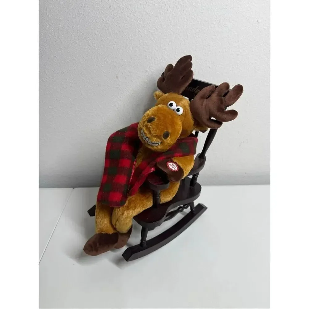 Dan Dee Animated Moose Plush in Grandma Wooden Rocking Chair Sings Christmas